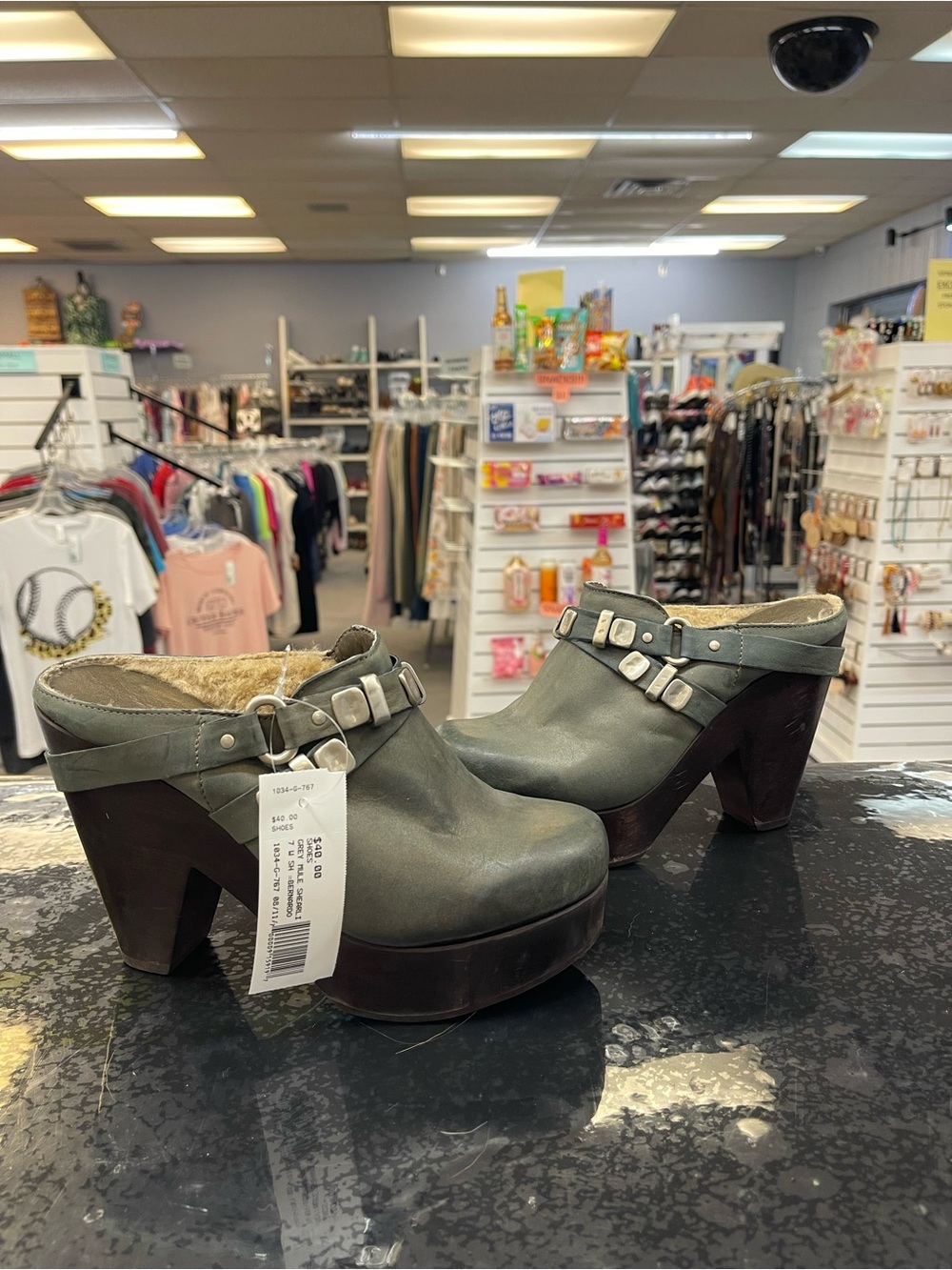 Bernardo Gray Leather Platform Clogs with Stud Accents
